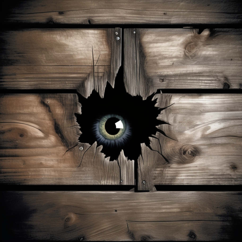 hole,A photorealistic image of a wooden wall that is cracked and weathered, showing signs of age and distress. Through the cracks in the wood, a pair of menacing eyes should be visible, glowing subtly in the dark background. The eyes should evoke a sense of dread and intensity, as if belonging to a predatory creature lurking in the shadows. The wooden wall should have realistic textures, with splinters and grain visible. The lighting should be dim, emphasizing the darkness behind the wall and making the eyes stand out as the focal point, <lora:hole2:0.6>