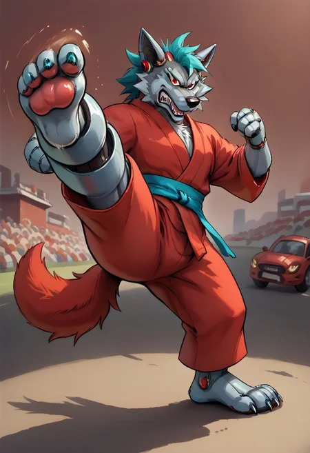 (((Barefoot furry character, full body, cinematic setting, furry male, plantigrade))) 
(((Gilliam))), wolf boy, ((red kimono and pants, training kung-fu on outdoors training ground, fighting stance, dynamic pose, perform side kick)), nice feet paws, three toes, claws, pawpad, determined look
BREAK
(((gilliam wolf, evil eye, sharp, tire body, red fluff tail, cyan hair, robot, wolf, metallic))), (((kicking, kicking at viewer, stands on one feet)))
BREAK, intricate details, highly detailed, extreme detail, octane render, fine art, best quality, highres, (detailed face:1.5), ((full_body)), UHD, (((perfect hands))), low light
