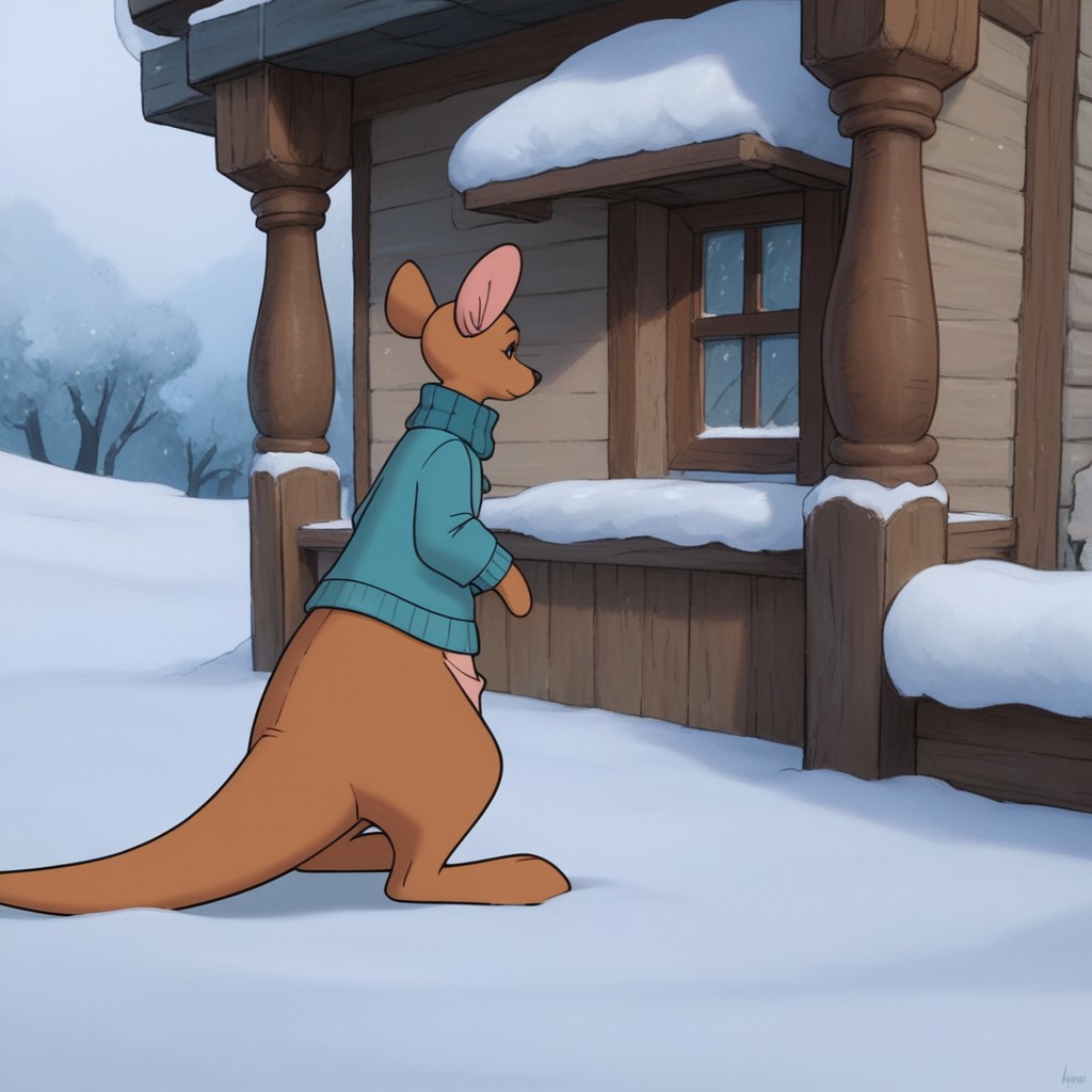 score_9, score_8_up, score_7_up, score_6_up, score_5_up, score_4_up source_furry, WtPKangav2, semi-anthro, female, kangaroo, brown fur, outside, winter, snow, blue sweater