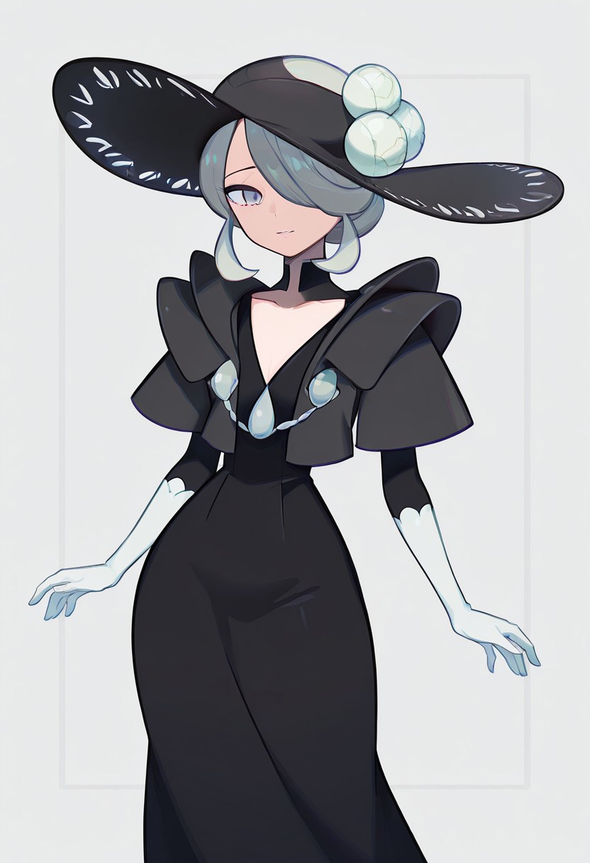 score_9,score_8_up,score_7_up,score_6_up,score_5_up,score_4_up,BREAKmasterpiece, hyper detailed, best quality, insanely detailed, high quality, exquisite, detailed, beautiful, ultra detailed,
Cogita(pokemon),masterpiece, best quality, solo, curvy, beautiful eyes,  zzCogita, hair over one eye, grey hair, white hair, short hair, grey eyes, black hat, black dress,  , <lora:CogitaPokemon_IXL:1.0>,
20-year-old,
in Take style,