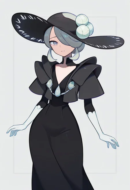 score_9,score_8_up,score_7_up,score_6_up,score_5_up,score_4_up,BREAKmasterpiece, hyper detailed, best quality, insanely detailed, high quality, exquisite, detailed, beautiful, ultra detailed,
Cogita(pokemon),masterpiece, best quality, solo, curvy, beautiful eyes, zzCogita, hair over one eye, grey hair, white hair, short hair, grey eyes, black hat, black dress, , <lora:CogitaPokemon_IXL:1.0>,
20-year-old,
in Take style,