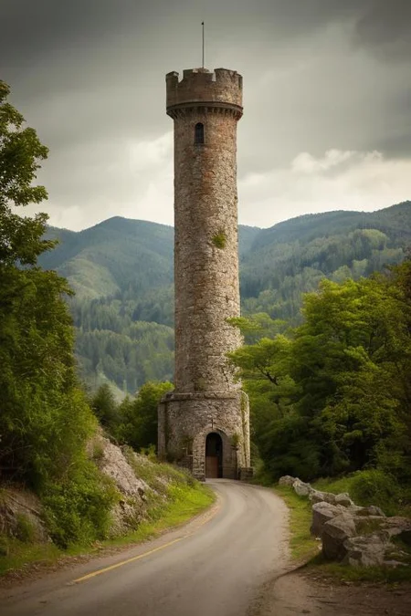 realistic analog photo, award winning photo, vary wide shot of stone witow tower:1.3, (Military watchtower), scenery, hills, dirt road, nature, outdoors, RAW, highres, 8k, uhd, High Dynamic Range, tonemapping, crisp details,