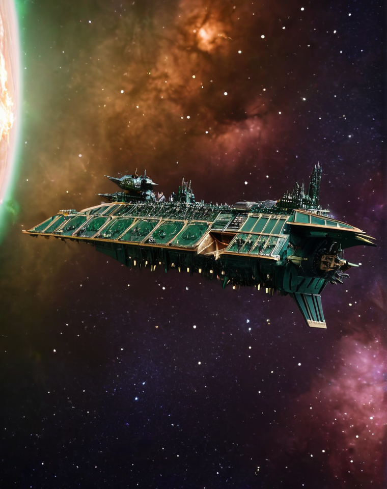 SDXL_Realism_Zip, <lora:Chaos_Warfleet_-_Warhammer_40000_SDXL:1> chaoswarfleet spacecraft green warship flying in deep space in front of a nebula, a massive burning star in the background