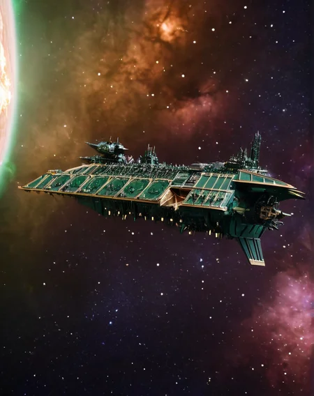SDXL_Realism_Zip, <lora:Chaos_Warfleet_-_Warhammer_40000_SDXL:1> chaoswarfleet spacecraft green warship flying in deep space in front of a nebula, a massive burning star in the background