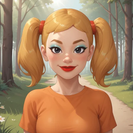 score_9, score_8, BREAK, solo, mii, wii, wii sports, 1girl, female mii, cute, attractive, blonde hair, twintails, dark blonde eyebrows, makeup, blush, blue eyeshadow, red lips, lipstick, orange clothing, white pants, breasts, Nintendo Mii, modern_mii, classic_mii, Midoriya_(OC_Mii), black eyes sexy pose, smile, outdoors, sunlight, shadows, evening lighting, natural lighting, forest, trees, grass, orange sky, sunset