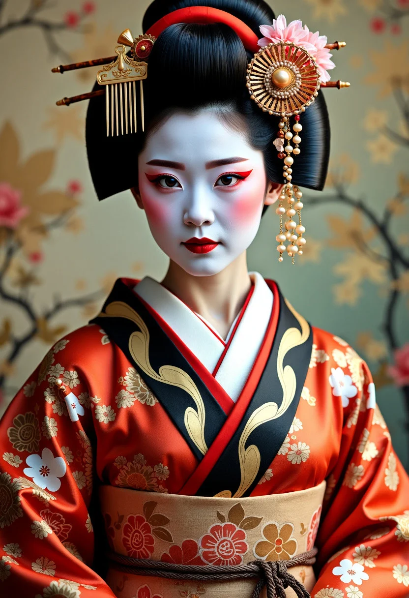 Beautiful colored portrait of a traditional Japanese geisha with a smooth, porcelain-white face, accentuated by delicate red and black makeup around the eyes and small, red lips in a precise, stylized shape. She wears an elaborate Shimada hairstyle, with her black hair elegantly pulled back into a high bun, adorned with ornate Kanzashi hairpins and combs made of tortoiseshell and silk. Her attire is a vibrant, intricately patterned silk kimono, featuring rich colors like deep red, gold, and black, with a wide obi belt tied in an elaborate knot at the back. The kimono sleeves are long and flowing, especially if she is a younger geisha, or 'Maiko.' She is wearing traditional white tabi socks and raised wooden geta sandals. The overall appearance is refined, with every detail carefully chosen to reflect the grace and beauty of a traditional geisha. vivid colors, high contrast, dynamic, masterpiece, high quality, highly detailed, highly intricate, colored background, flowers, summer dress