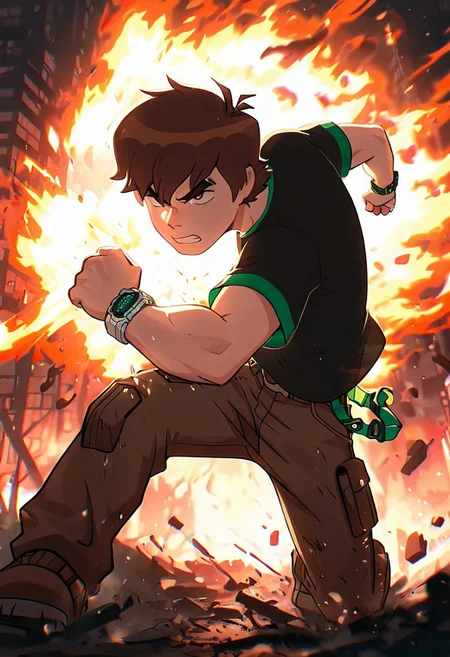 masterpiece, best quality, amazing quality, very aesthetic, absurdres, newest,
benov, short hair, brown hair, 1boy, solo,, thick eyebrows, brown cargo pants, green strips on clothes
short sleeves, black shirt,
incoming punch, white square smart watch, punching, fire background, angry, destroyed city, destroyed car, warzone,