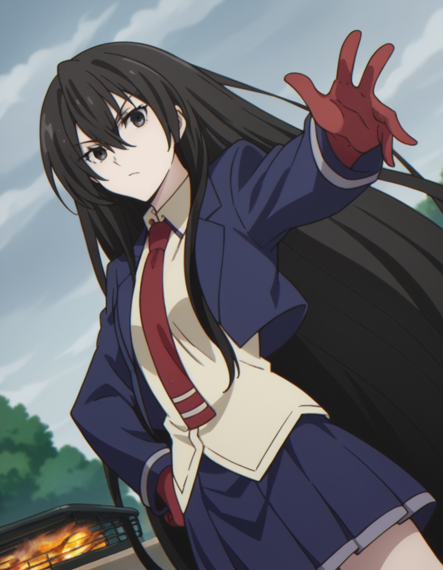 score_9, score_8_up, score_7_up, source_anime, <lora:kirukiru-amou-s1-ponyxl-lora-nochekaiser:1>, kirukiru amou, long hair, black hair, very long hair, black eyes, hair between eyes,, skirt, school uniform, jacket, necktie, blue skirt, blazer, red necktie,, backyard, barbecue, grilling, laughter, summer evening, , looking at viewer, arm outstretched, hand on hip, knee up, solo,, cowboy shot, dutch angle