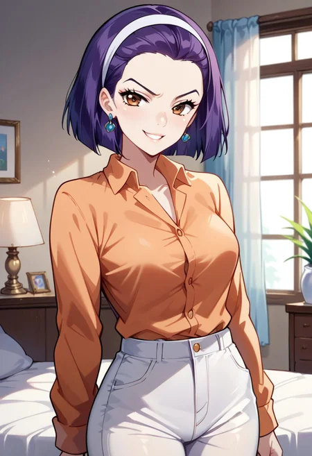 Expressiveh, score_9, score_8_up, score_7_up, source_anime, <lora:GreatM8_Style_XL_Pony_Revision:1>, greatm8 style, Tomoko Higashikata, earrings, 1girl, solo, smug, expressive eyes, brown eyes, purple hair, short hair, hair band, orange shirt, button-up shirt, white pants, perky breasts, fit body, (standing, sexy pose), (indoors, bedroom, dynamic lighting)