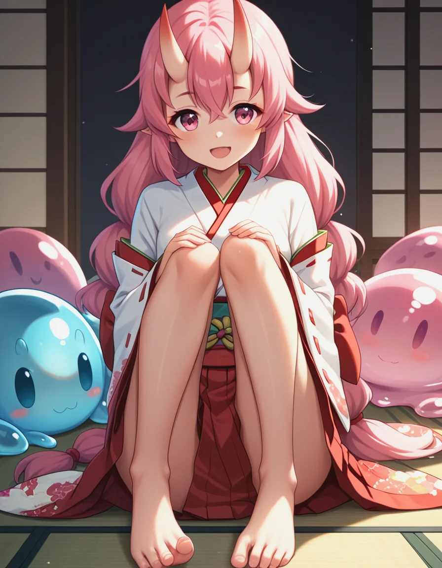(score_9, score_8_up, score_7_up, score_6_up, score_5_up, score_4_up),1girl,1other,shuna_tensura,;d,bare_legs,barefoot,cushion,feet,futon,hair_between_eyes,hair_ornament,hakama,horns,indoors,japanese_clothes,kimono,knees_up,long_hair,long_sleeves,looking_at_viewer,low-tied_long_hair,<lora:Shuna-tensura-xl:1>,miko,one_eye_closed,oni,oni_horns,open_mouth,pink_eyes,pink_hair,red_hakama,ribbon-trimmed_sleeves,ribbon_trim,shiny_skin,shouji,sitting,sliding_doors,slime_(creature),smile,soles,toes,very_long_hair,wide_sleeves,