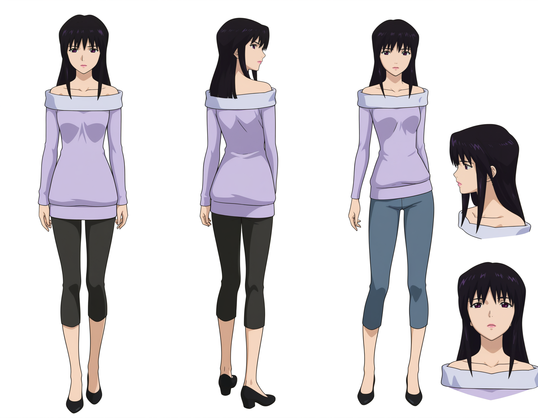 masterpiece, best quality, amazing quality, highres, absurdres, very aesthetic, high resolution, ultra detailed, perfect details,anime coloring, simple background,white background,
(model sheet),
<lora:ILL_YehlShizno_lion_e5:1> yehldr, long hair, black hair, long sleeves, dress, collarbone, off shoulder, purple eyes, lipstick, purple dress,
shirt,bare shoulders, shoes, pants, black footwear,sweater, off-shoulder shirt, capri pants, purple sweater,