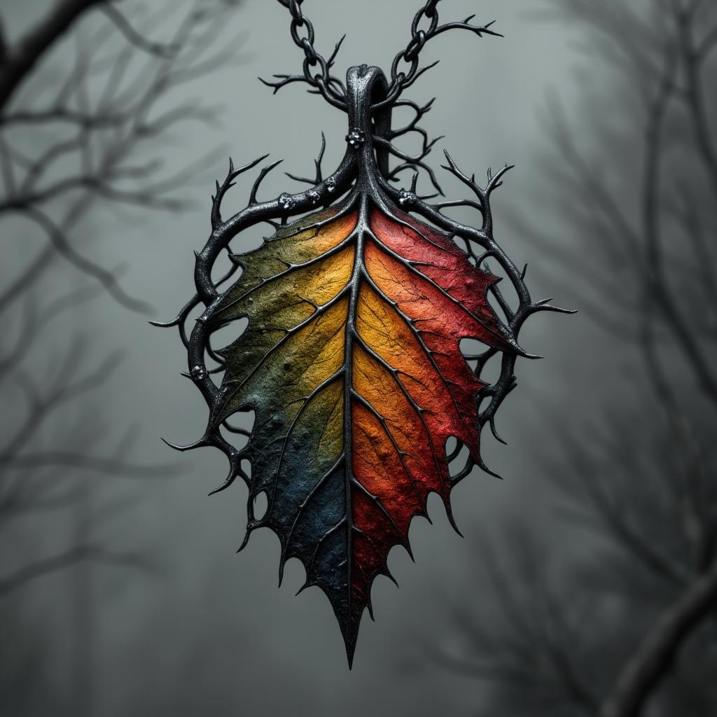 <lora:rbcharc0al_flux.safetensors:1> rbcharc0al
traditional medium art, motion art, highly detailed
The pendant, a leaf-shaped masterpiece, hangs suspended in a close-up photograph, its vibrant colors stark against the muted, soft gray background. The leaf, with its intricate design, is a symphony of hues transitioning from a deep, blood-red at the top to a warm, desolate orange and a golden-yellow at its center. These colors then fade into a lush, almost sickly green, before settling into a somber, dark blue at the base. The leaf’s surface is a network of fine, gnarled veins, each line etched with a foreboding precision.
Surrounding the leaf are twisted silver branches, their thorny edges casting long, eerie shadows. These branches are adorned with small, gleaming gems that resemble droplets of water or tiny, flickering stars, yet they shimmer with an unsettling brilliance. Each gem is strategically placed, adding to the pendant’s uncanny elegance and luxury. The silver branches extend from the top of the leaf, entwining it in a delicate but suffocating embrace, as if to protect a secret.
The pendant’s elongated, symmetrical shape tapers to a sharp point at the bottom, the silver chains merging seamlessly with the leaf’s tip, enhancing its naturalistic yet ominous theme. The craftsmanship is flawless, a blend of organic beauty and rigid, cold metal. The pendant exudes a sense of both elegance and danger, a delicate balance that hints at a hidden, dark purpose.
In the shadows, faint whispers seem to dance around the pendant, and the air is thick with a palpable tension. The vibrant colors of the leaf appear to pulse with a life of their own, as if they are drawing the viewer into a world where beauty and horror are intertwined. The pendant is more than just a piece of jewelry; it is a gateway to a realm where the lines between the natural and the supernatural blur, and the familiar becomes a source of dread.