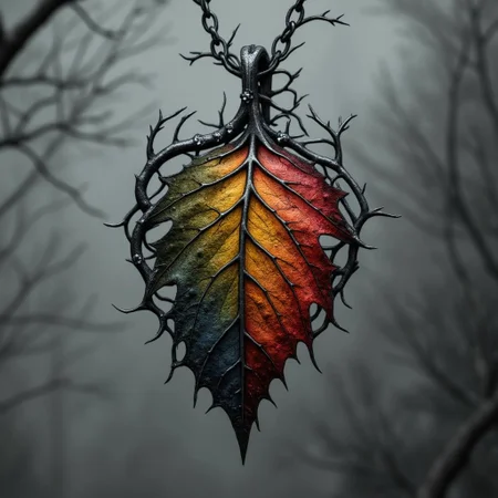 <lora:rbcharc0al_flux.safetensors:1> rbcharc0al
traditional medium art, motion art, highly detailed
The pendant, a leaf-shaped masterpiece, hangs suspended in a close-up photograph, its vibrant colors stark against the muted, soft gray background. The leaf, with its intricate design, is a symphony of hues transitioning from a deep, blood-red at the top to a warm, desolate orange and a golden-yellow at its center. These colors then fade into a lush, almost sickly green, before settling into a somber, dark blue at the base. The leaf’s surface is a network of fine, gnarled veins, each line etched with a foreboding precision.
Surrounding the leaf are twisted silver branches, their thorny edges casting long, eerie shadows. These branches are adorned with small, gleaming gems that resemble droplets of water or tiny, flickering stars, yet they shimmer with an unsettling brilliance. Each gem is strategically placed, adding to the pendant’s uncanny elegance and luxury. The silver branches extend from the top of the leaf, entwining it in a delicate but suffocating embrace, as if to protect a secret.
The pendant’s elongated, symmetrical shape tapers to a sharp point at the bottom, the silver chains merging seamlessly with the leaf’s tip, enhancing its naturalistic yet ominous theme. The craftsmanship is flawless, a blend of organic beauty and rigid, cold metal. The pendant exudes a sense of both elegance and danger, a delicate balance that hints at a hidden, dark purpose.
In the shadows, faint whispers seem to dance around the pendant, and the air is thick with a palpable tension. The vibrant colors of the leaf appear to pulse with a life of their own, as if they are drawing the viewer into a world where beauty and horror are intertwined. The pendant is more than just a piece of jewelry; it is a gateway to a realm where the lines between the natural and the supernatural blur, and the familiar becomes a source of dread.
