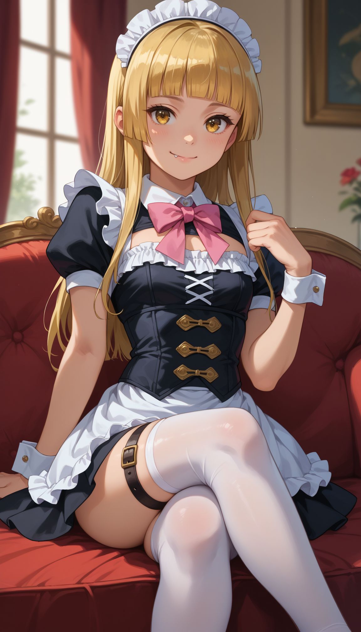 score_9, score_8_up, score_7_up, score_6_up, , solo, 20yo woman, (Beuty:1.1) , (cute:1.3), ,perfecteyes , seductive smile,perfect (photo realistic:1.2), (simple background:1.1), 
 <lora:Fukaziroth:1> fukaziroh_(sao) , 1girl,, blonde hair, smile,, long hair, yellow eyes,  :d, long, blunt bangs, fang, maid headdress, black dress, pink bowtie, puffy short sleeves, wrist cuffs, corset, layered skirt, white skirt, thigh strap, white thighhighs, crossed legs, sitting, looking at viewer, blurry background, indoors, bedroom