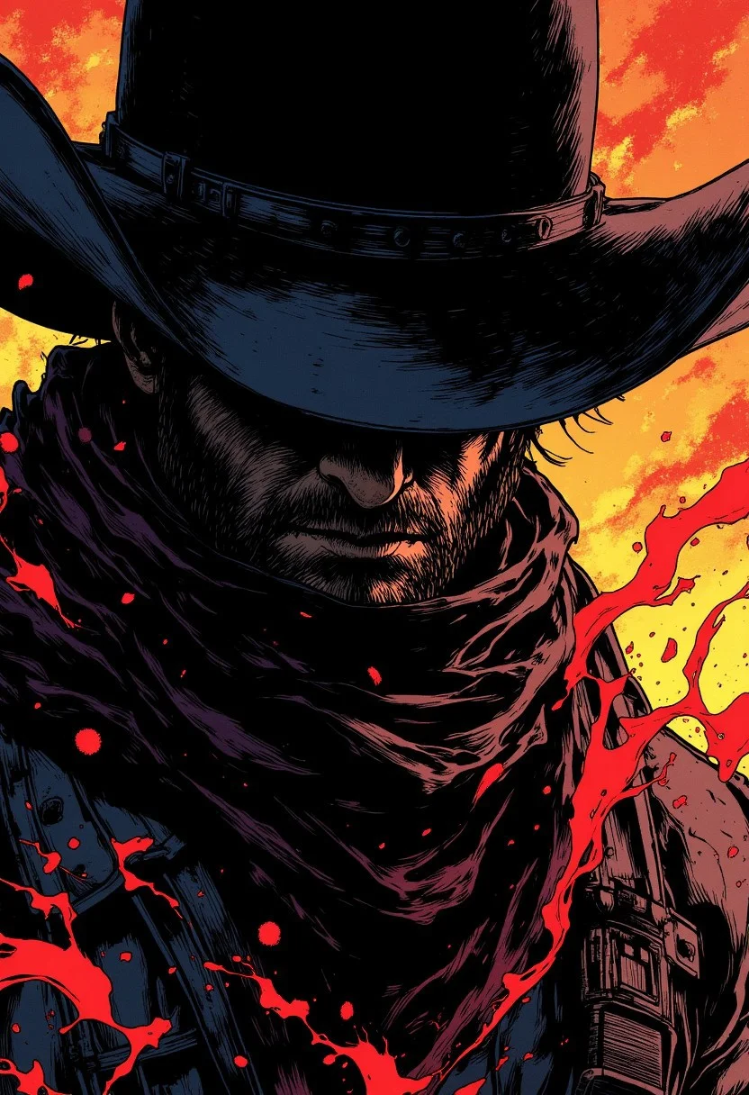 nistyle, two tones bleaked manga sketch with deep blacka, A Closeup Portrait of a DARK outlaw cowboy, extreme Closeup of His Face - shrouded in mystery. He wears a, tattered high collar scarf that billows dramatically in the wind, creating a striking contrast against the rugged landscape. Hyperdetailed badass Closeup, hyperdetailed, deadly Gaze,