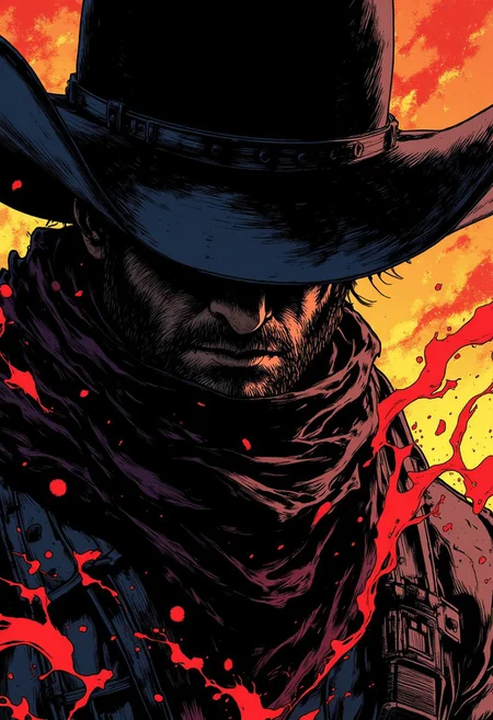 nistyle, two tones bleaked manga sketch with deep blacka, A Closeup Portrait of a DARK outlaw cowboy, extreme Closeup of His Face - shrouded in mystery. He wears a, tattered high collar scarf that billows dramatically in the wind, creating a striking contrast against the rugged landscape. Hyperdetailed badass Closeup, hyperdetailed, deadly Gaze,