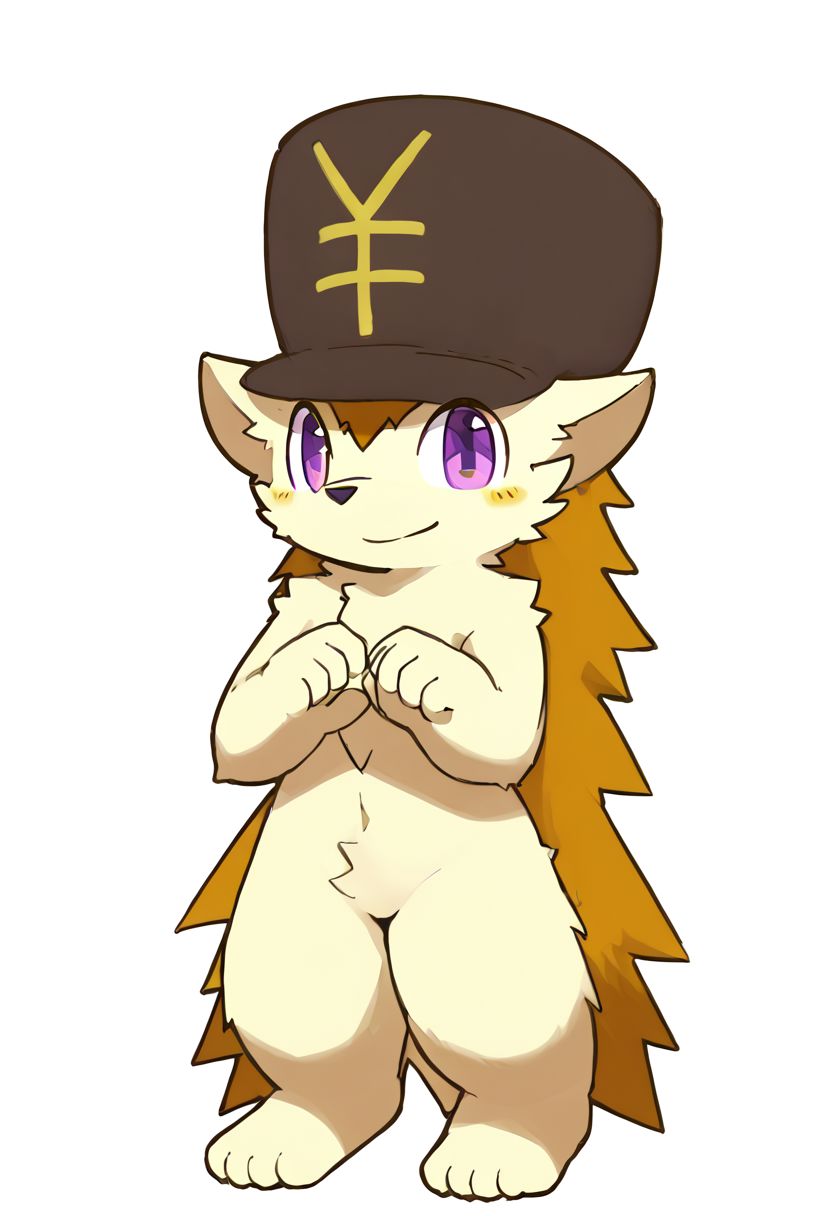 furry, kemono, hedgehog, cute, zPDXL2, zPDXLpg, zPDXL, hat with yen sign, male, smile, solo, purple eyes, look at viewer, no clothes, no underwear, nude, naked, standing position, white background, simple background