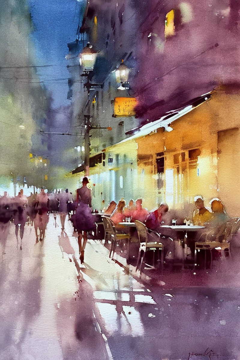 Watercolor masterpiece,city street scene,corner outdoor cafe,dusk,impressionist art paintings by Jeremy Mann,Miles Johnston,Alasdair McLellan,Daniel Merriam,Peter Glick,Darius Klimza,gorgeous art,beautifully lit,surreal,ethereal,exquisite details,brilliant,wonderful,outstanding,amazing colors,mysterious,watercolor wash,<lora:Watercolor _sdxl:1.6>,Watercolor style,