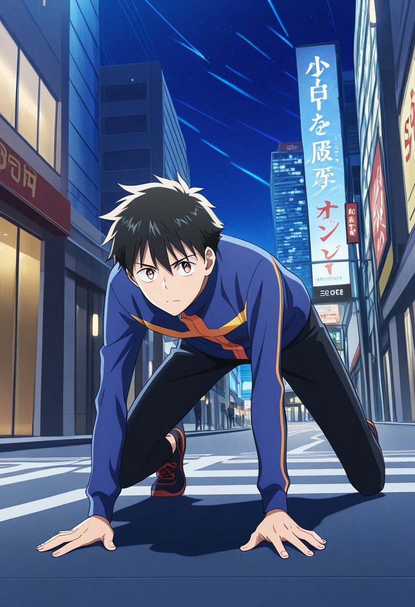 score_9, score_8_up, score_7_up, score_6_up, score_5_up, score_4_up, fullbody shot, score_9, score_8_up, tight clothes, source_anime, highly detailed, 1boy, solo, male_focus, Koichi Haimawari, crawling, light trails, glowing, city street, nighttime, hands on ground