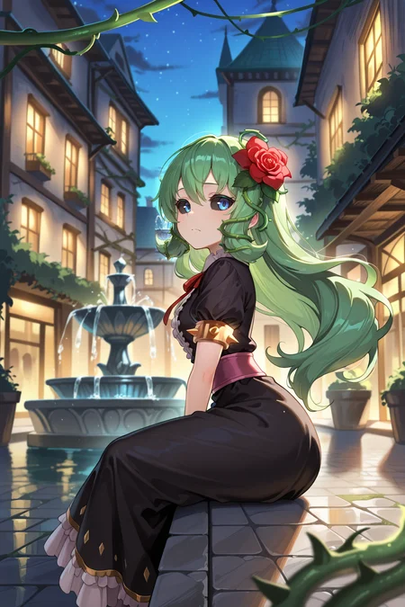 <lora:ChamIllustriousBackgroundEnhancer:0.5> <lora:illustrious_quality_modifiers_masterpieces_v1:0.8> , masterpiece, very aesthetic, absurdres, best quality, amazing quality, high resolution, newest, very awa, scenery, volumetric lighting, solo, looking at viewer, <lora:ToraIllustrious:0.8> , tordef, 1girl, solo, long hair, green hair, black sclera, blue eyes, hair flower, neck ribbon, center frills, black dress, frilled dress, gold trim, juliet sleeves, yellow armlet, spiked armlet, vines, exterior, night, frown, sitting, fountain, town, looking to the side, from side,