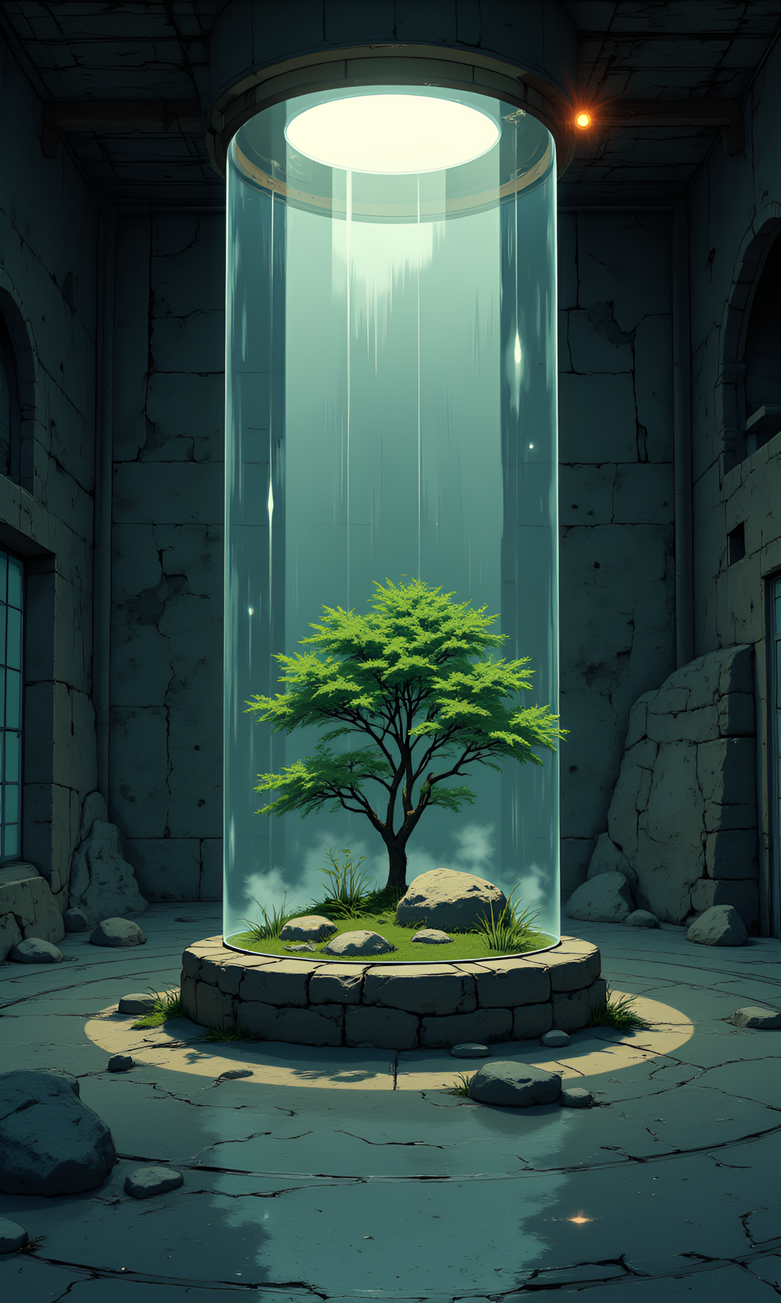 A minimalist, futuristic indoor space featuring a large cylindrical glass enclosure  as the focal point. Inside the cylinder, a small, meticulously designed natural landscape  includes a lush green tree , a smooth, rounded rock , and low-lying grass and plants . Mist gently drifts within the enclosure, creating a serene, ethereal atmosphere. The cylinder is illuminated from above with soft, diffused light , casting a warm glow that contrasts sharply with the dark, cave-like surroundings . The exterior of the cylinder is set against rough stone walls  and a low ceiling, emphasizing the isolation of the natural scene. The floor around the cylinder is smooth and polished , with subtle curved lines etched into it , guiding the viewerâs eye toward the central structure. The overall mood is tranquil, meditative, and slightly mysterious, with a focus on the interplay between light, shadow, and natural textures.
j_art, j_anime, <lora:FLUX\jul\J_Anime:1.0>