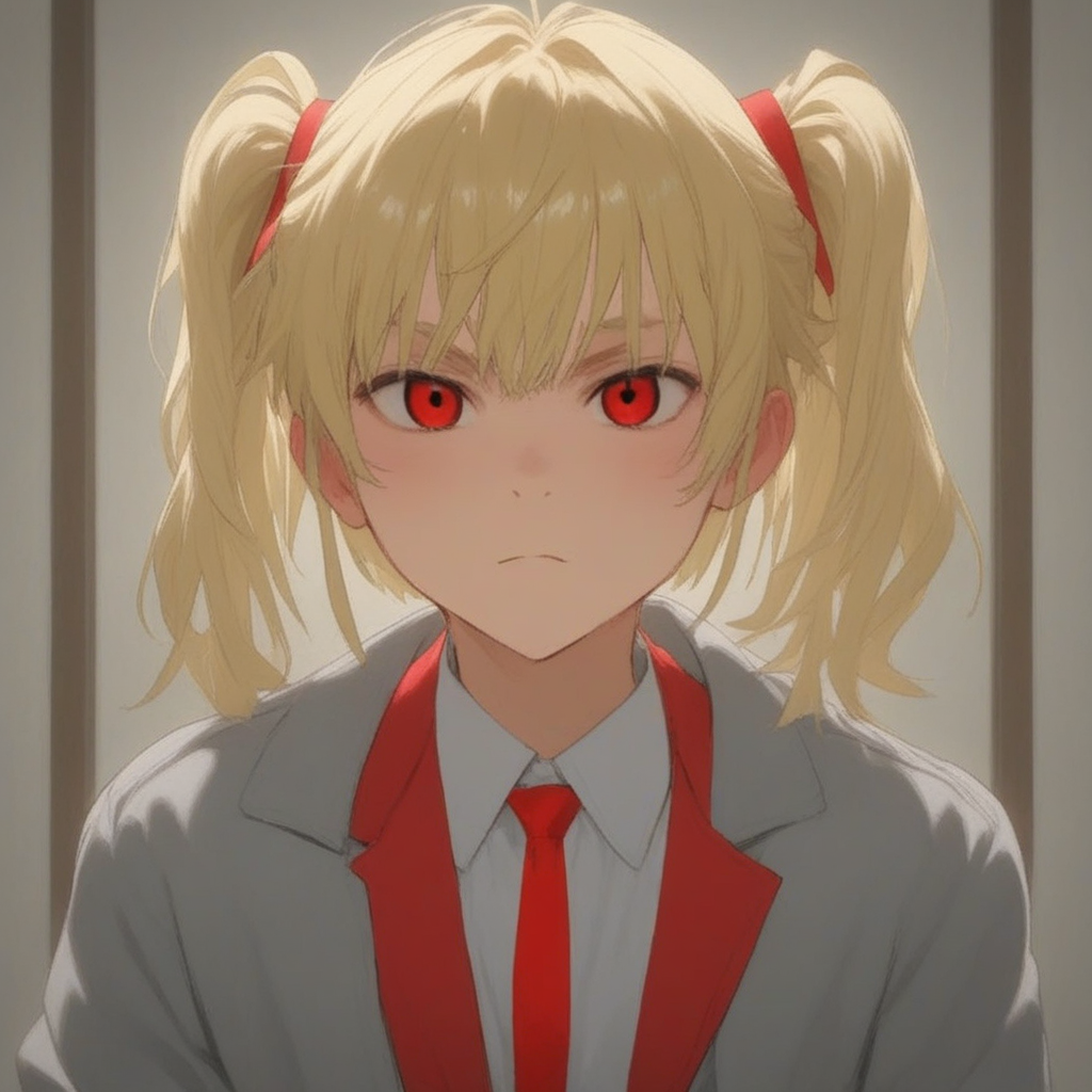 (character prompts: blonde hair, red ribbons, striped socks , red and white socks, red shoes, grey eyes, red jacket))