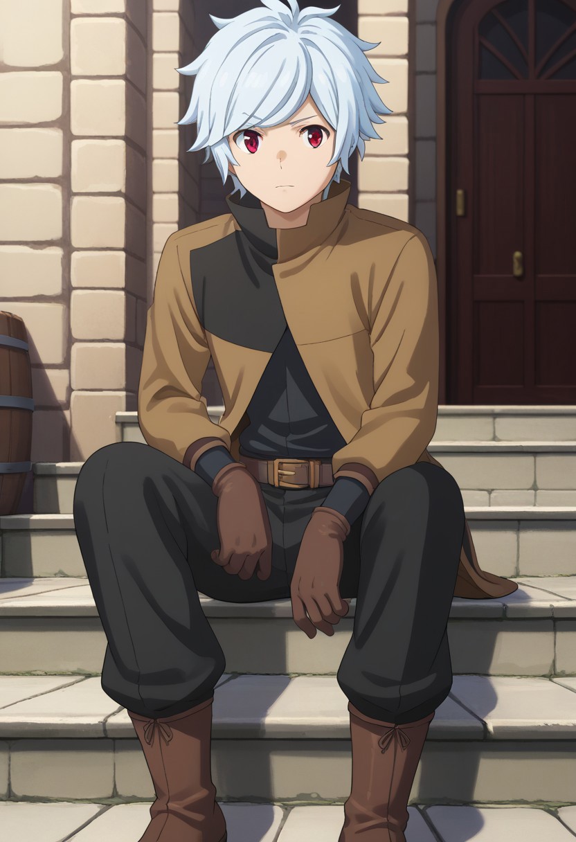 score_9, score_7_up, source_anime 
belcranel, 1boy, male focus, solo, white hair, red eyes, multicolored clothes, multicolored jacket, jacket, brown jacket, black jacket, open jacket, open clothes, shirt, black shirt, gloves, brown gloves,  belt, pants, black pants, boots, brown footwear,
outdoor, village, medieval, sitting, stairs,