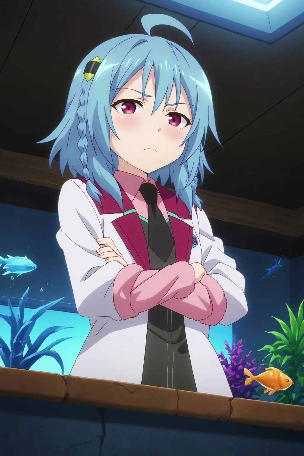  saya sasamiya,1girl,solo,school uniform,long hair,braid,ahoge,necktie,shirt,black necktie,twin_braids,hair ornament,jacket,looking at viewer,closed mouth,emotionless,crossed arms,from_below,from bottom BREAK indoors,aquarium,ruanyi1155,aquarium  <lora:Saya_Sasamiya_-__Gakusen_Toshi_Asterisk.safetensors:0.8> <lora:detailed_backgrounds_v2.safetensors:0.5> <lora:1155 aquarium_v1_pony.safetensors:0.7>