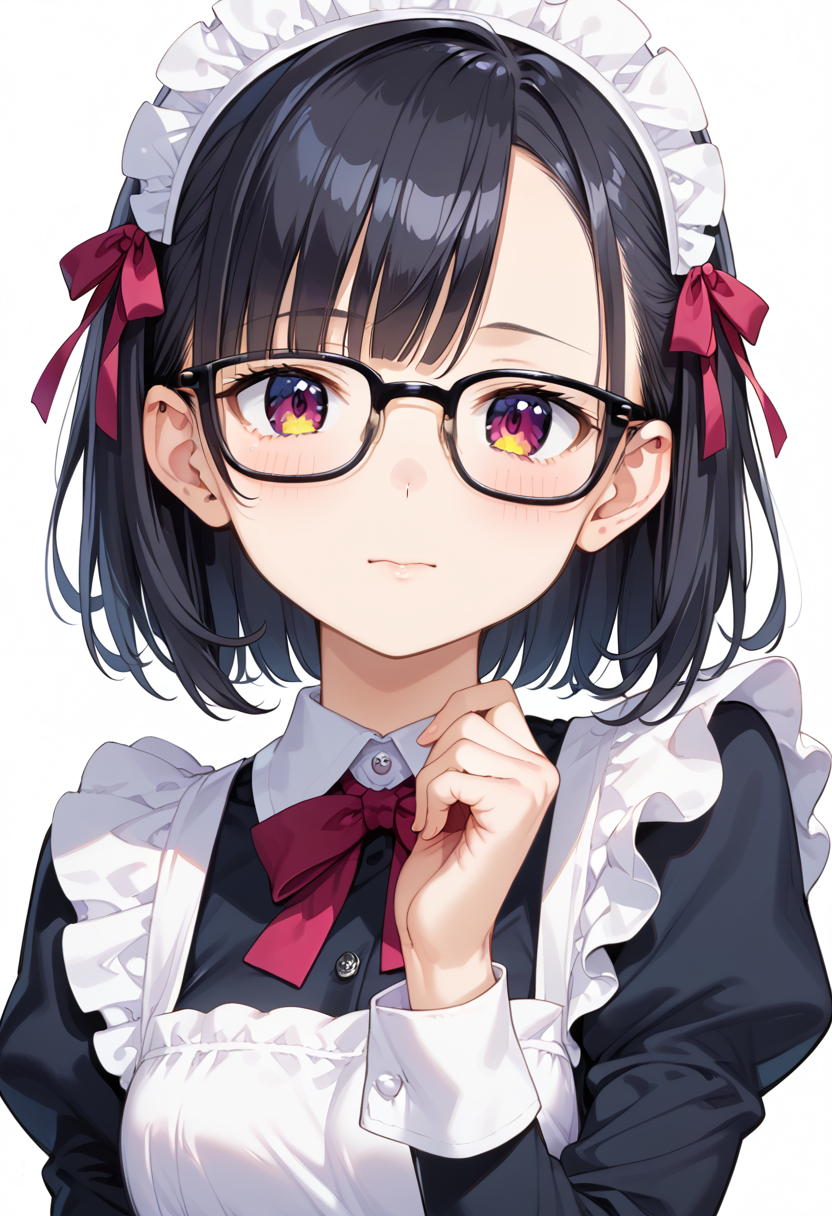 score_9, score_8_up, score_7_up, rating_safe, masterpiece, best quality, absurdres, unity 8k wallpaper, official art, official style, source_anime, uncensored, game cg, megami magazine,
1girl, solo, black hair, medium hair, upper body, covered eyes,maid, maid headdress, black dress, maid apron, face focus,
Wellington24S, glasses, white background, simple background, black-framed eyewear
 <lora:glasses_Wellington24S_PONY_V1:1>