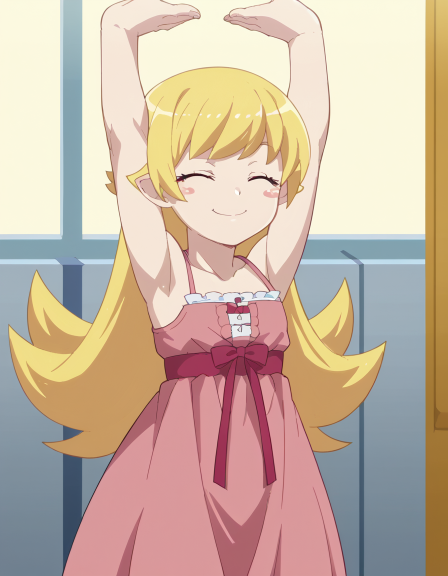 score_9, score_8_up, score_7_up, source_anime, <lora:shinobu-oshino-offmonster-ponyxl-lora-nochekaiser:1>, shinobu oshino, long hair, blonde hair, anime screencap, yellow eyes, dress, bare shoulders, pointy ears, pink dress, spaghetti strap, child, blush stickers,, railroad crossing, sign, gate, train, street, , <lora:cammy-stretch-ponyxl-lora-nochekaiser:1> cammy stretch, cammy stretch (meme), stretching, arms up, arched back, closed eyes, smile, cowboy shot,, looking at viewer, solo,, dutch angle, cowboy shot