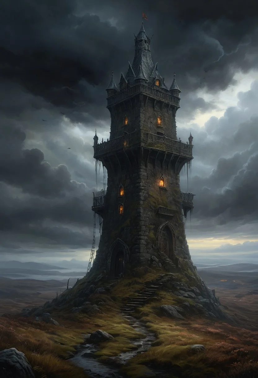 oil painting, fantasy, rpg, a tower in the moorland, dark clouds, dark moor, (misty:1.5), creepy atmosphere, dramatic light, (darkness:2.5), 34K uhd, masterpiece, high detail, 8k, intricate, detailed, high resolution, high res, high quality, <lora:add-detail-xl:1.8>, highly detailed, Extremely high-resolution details, fine texture, darkness