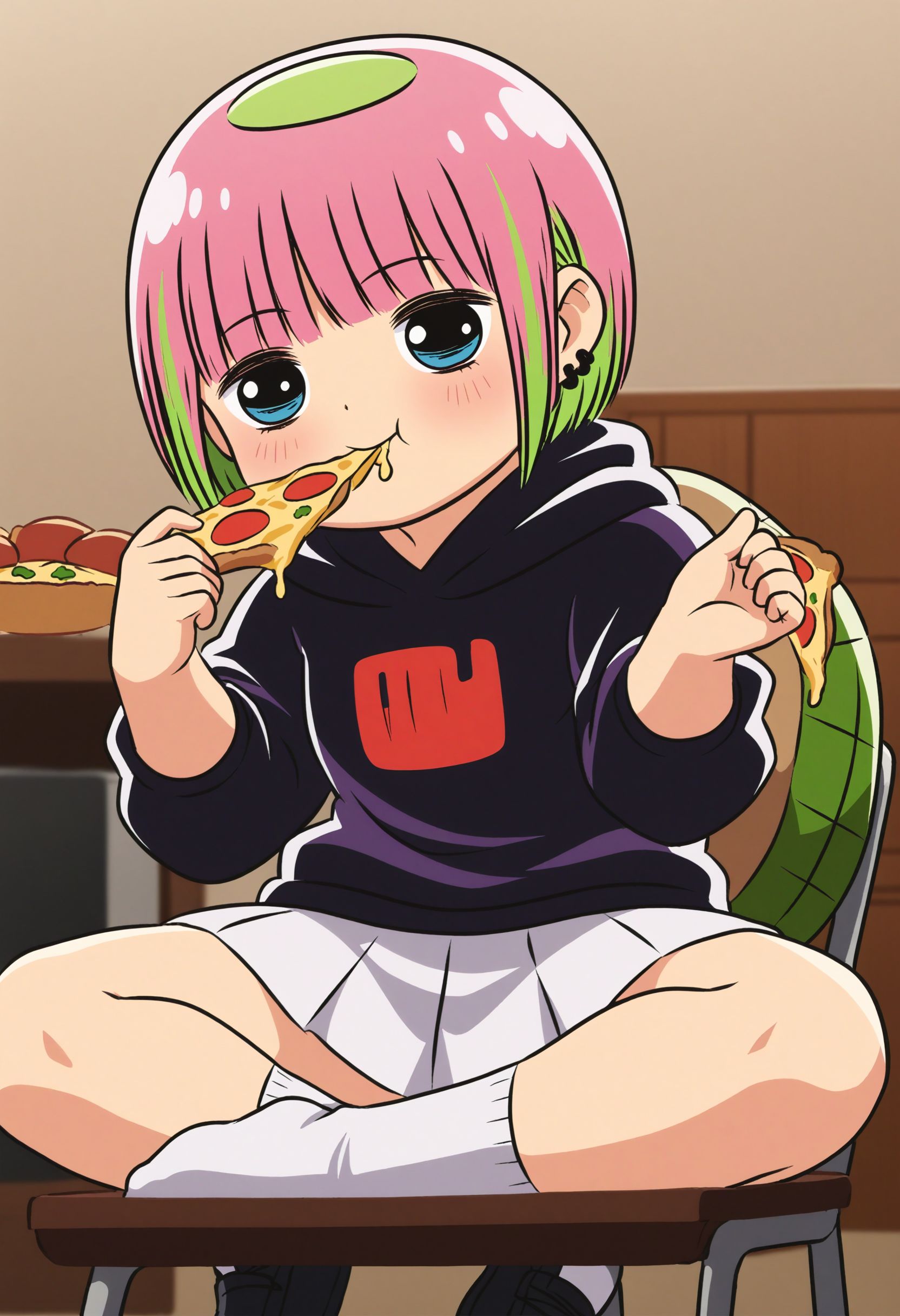 <lora:Hyper-SDXL-8steps-lora:1> <lora:Fixhands_anime_bdsqlsz_V1:1> zPDXL2, score_9, score_8_up, score_7_up, source_anime, intricate details, perfect anatomy BREAK
eating, pizza, holding pizza, eating pizza, indoors, sitting, on chair, happy,
1girl, kawajirikodama, pink hair, multicolored hair, short hair, blue eyes, ear piercing, black hoodie, white skirt, white socks, black shoes, turtle shell, 
<lora:kawajirikodama_XL(pony)v10:0.9>