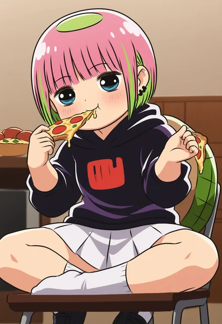 <lora:Hyper-SDXL-8steps-lora:1> <lora:Fixhands_anime_bdsqlsz_V1:1> zPDXL2, score_9, score_8_up, score_7_up, source_anime, intricate details, perfect anatomy BREAK
eating, pizza, holding pizza, eating pizza, indoors, sitting, on chair, happy,
1girl, kawajirikodama, pink hair, multicolored hair, short hair, blue eyes, ear piercing, black hoodie, white skirt, white socks, black shoes, turtle shell,
<lora:kawajirikodama_XL(pony)v10:0.9>