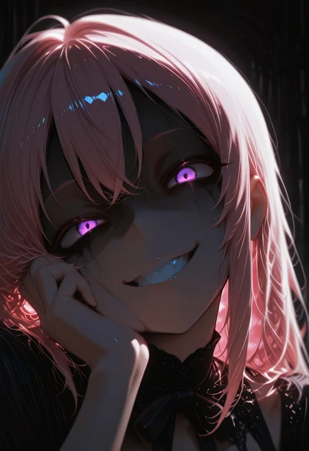 high contrast, masterpiece, best quality, amazing quality, very aesthetic, high resolution, ultra-detailed, absurdres,1girl, solo, CivChan, purple eyes, pink hair, addmicrodetails, looking at viewer, cowboy shot, (blurred background: field of view:1.3), (black, black theme:1.3), crazy, insane, hand on face, hand in hair, grin, glowing eyes, dead eyes, close-up, portrait, head tilt,