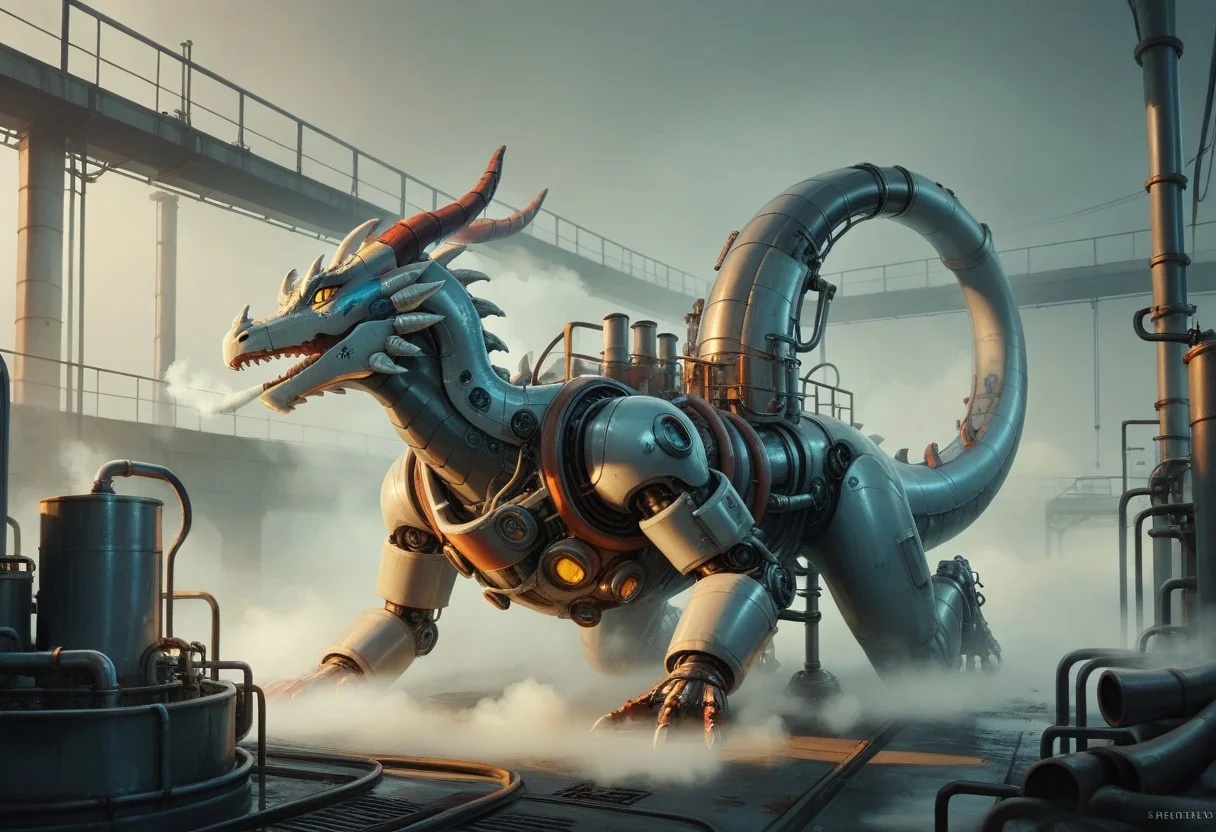 Score_9,Score_8, industrial_world, fog, steam, robotic dragon made of pipes and tanks