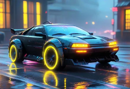 advntr, aidmamj6.1, h4v_h0l0,
sfw, rating_safe:, cyberpunk,
, Cyberpunk black car with boxy design, black windows, neon glow, riding, wet road, after rain, night, Cyberpunk city, glowing yellow paint with dragon print,