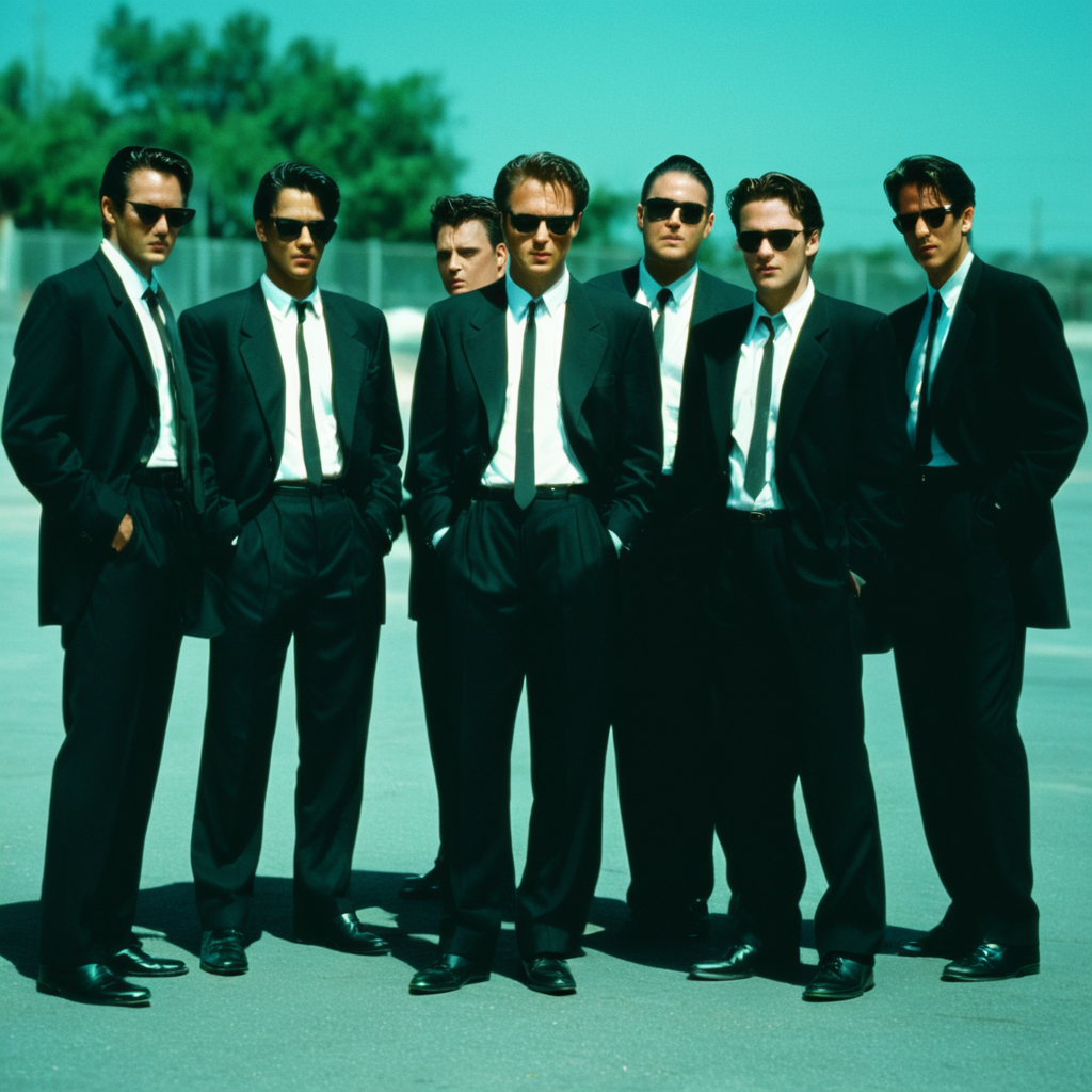 cinematic film still of  <lora:Reservoir Dogs style:1>
Cinematic 1992 image focus of Cinematic 1992 image focus of a group of men in suits and ties standing around,shirt,black hair,male focus,outdoors,japanese clothes,multiple boys,necktie,facial hair,formal,sunglasses,suit,4boys,realistic,mustache,Kodak film grain,dramatic light,dramatic shadow light,contrast,saturated color,cinematic,filmic,motion picture,realistic,realism,perfection,perfect,deep focus,clean image , Kodak film grain, dramatic light, dramatic shadow light, contrast, saturated color, cinematic, filmic, motion picture, realistic, realism, perfection, perfect, deep focus, clean image, Reservoir Dogs style, Reservoir Dogs 1992 Film style, shallow depth of field, vignette, highly detailed, high budget, bokeh, cinemascope, moody, epic, gorgeous, film grain, grainy