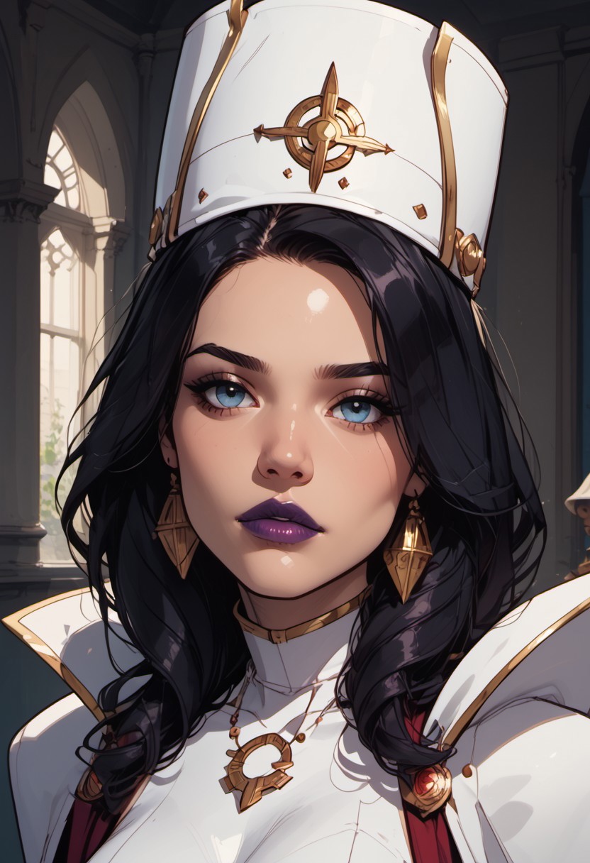 masterpiece,best quality, highly detailed, nm_empress_vh, blue eyes, dark-skinned female, black hair, makeup, lipstick, purple lips, white hat, cape, turtleneck leotard,( closed leotard:1.2), white gloves, medici collar, hedjet crown, large breasts,
charismatic, powerfull, snob,
(face closeup, headshot:1.3), portrait,head tilt, thoughtful parted lips,
BREAK
science-fiction room,, score_9, score_8_up, score_7_up, score_6_up,