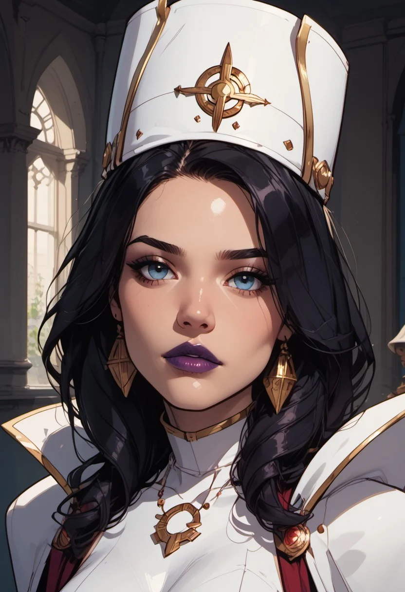 masterpiece,best quality, highly detailed, nm_empress_vh, blue eyes, dark-skinned female, black hair, makeup, lipstick, purple lips, white hat, cape, turtleneck leotard,( closed leotard:1.2), white gloves, medici collar, hedjet crown, large breasts,
charismatic, powerfull, snob,
(face closeup, headshot:1.3), portrait,head tilt, thoughtful parted lips,
BREAK
science-fiction room,, score_9, score_8_up, score_7_up, score_6_up,