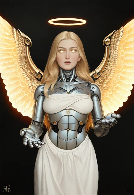 by thoma, solo, angel, cyborg, mechanical-wings, mechanical-halo, glowing-eyes, reaching-towards-viewer, cowboy-shot, straight-on, newest, masterpiece, best quality, absurdres, highres, general