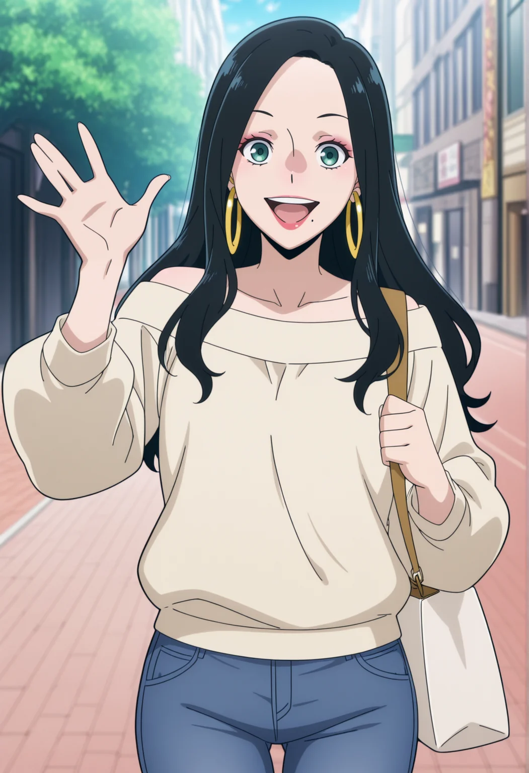 anime screencap, anime coloring, 1girl, long hair, black hair, green eyes, mole under mouth, eyeshadow, lipstick, hoop earrings, smile, outdoors, waving, sweater, off shoulders, jeans, cowboy shot, bag, looking at viewer, smile, upper teeth only, <lora:makoto_illegals:1>, masterpiece, best quality, amazing quality, very aesthetic, absurdres, highres, newest