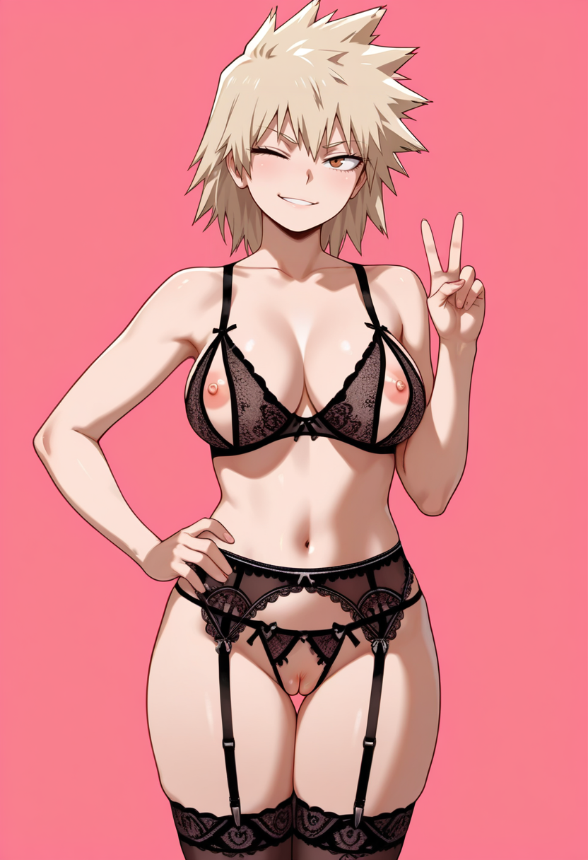 masterpiece,best quality,absurdres, amazing quality, uncensored,
1girl, solo,
standing, hand on own hip, 
looking at viewer, one eye closed, v,
<lora:Open_Lingerie:1> 0p3nl1ng3r13, nipples, thighhighs, garter straps, garter belt, bra,
simple background, pink background,  bakugou mitsuki,  mature female, medium breasts,