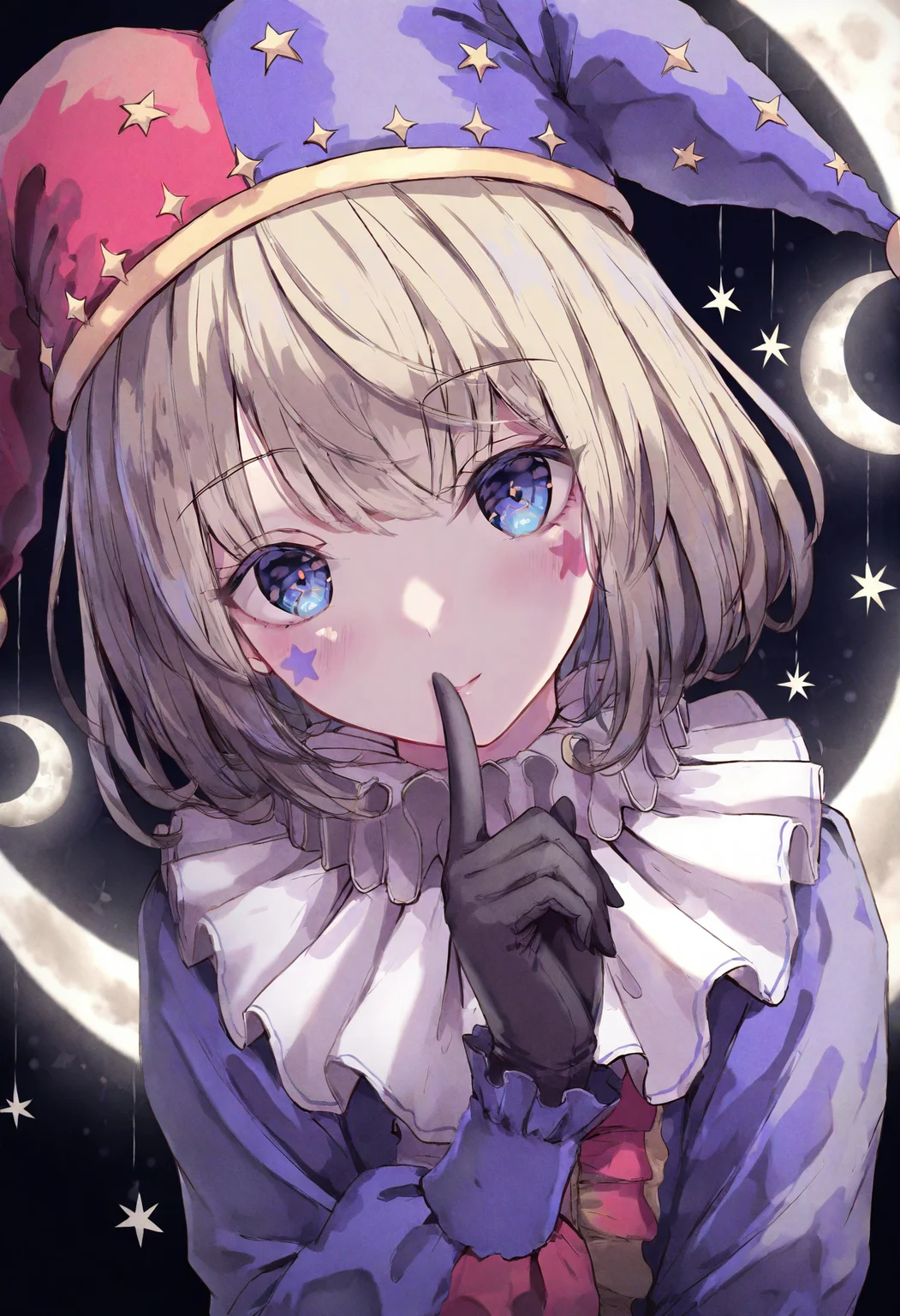 <lora:miss1_noob1.1-000184:0.9>,
shushing, finger to mouth, hat, gloves, 1girl, crescent moon, solo, jester cap, star \(symbol\), black gloves, blush stickers, blue eyes, moon, short hair, crescent, neck ruff, long sleeves, frills, looking at viewer,
masterpiece,best quality,newest,absurdres,highres,very awa,
