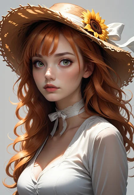 ASCII, photorealistic, OLED, score_9, score_8_up, score_7_up, score_6_up, 1girl, green eyes, copper hair, bangs, strands of hair falling over the face, long hair, straw hat with sunflower, ((close up, standing)), medium breasts, simple grey background   <lora:SnowFoxeij-000006:0.4>, white ribbon choker, looking to viewer, cute face, blue dungarees, jeans dungaree