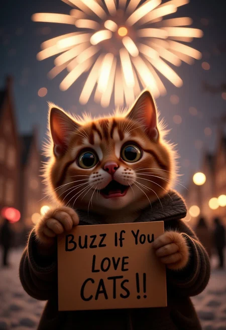 A cute cat, watching some fireworks with an over the top shocked facial expression, holding a sign it says "Buzz If You Love Cats!", realistic, cinematic shot, head tilted back, large eyes, pointing at the viewer, winter,
