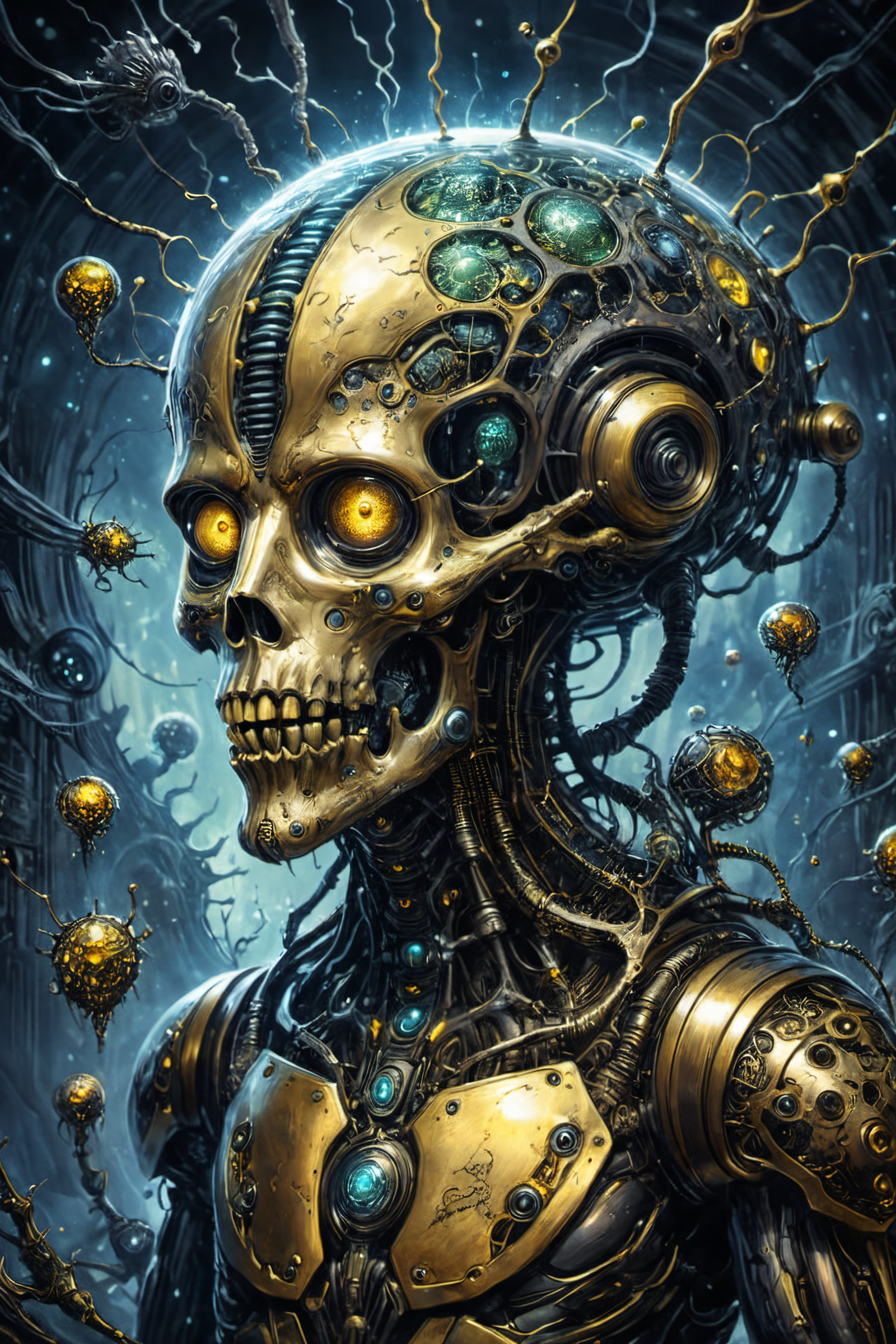 "The Hive Mind:A.I. Takes Over",illustration in the style of [gris grimly|Clive Barker|H.R. Giger|Greg Rutkowski],sparks fear and imagination in the viewer,masterpiece,intricately detailed,awe inspiring,, Ultra-HD-details