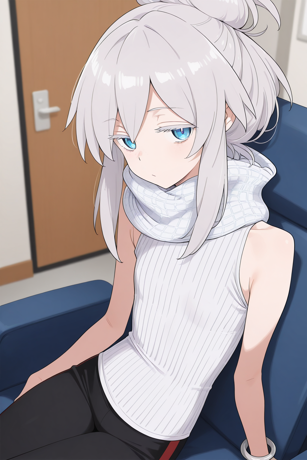 1girl,
DeuxMurasameGundamGQ, DMNormalOutfit,
general, solo, perspective, 
grey hair, blue eyes, colored eyelashes, collarbone,
jitome,
white scarf, plaid, sleeveless shirt, white shirt, bangle,
black pants, 
looking at viewer, sitting,
apartment, coach,
depth of field,
<lora:kp_DeuxMurasameGundamGQIllustrious_v1_0:1.0>,
masterpiece, best quality, amazing quality