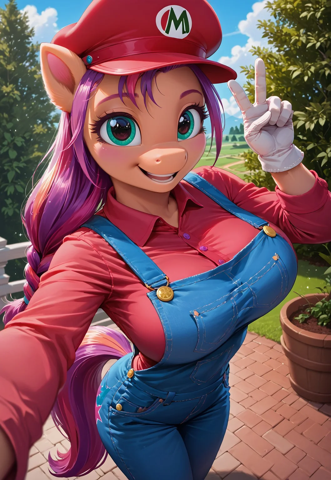 score_9, score_8_up, score_7_up, score_6_up, score_5_up, score_4_up, source_pony, my little pony, anthro pony, 1girl, solo, sexy, round breasts, beautiful, detailed, high detailed, very beautiful, detailed cute pony face, detailed eyes, detailed hand, detailed fur, vibrant colors, vector, huge breasts, dynamic pose, super-wide angle shot, extreme perspective, Sunny Starscout_(mlp), (make your mark:1.0), 5fingers, (from above:1.3), selfie, <lora:mario-cosplay-ponyxl-lora-nochekaiser:1>, mariocosplay, mario \(cosplay\), blue overalls, overalls, shirt, red shirt, long sleeves, collared shirt, hat, red hat, gloves, forrest, Star, Hoovesart, peace, mouth abit open, star, pony ears, ears down,