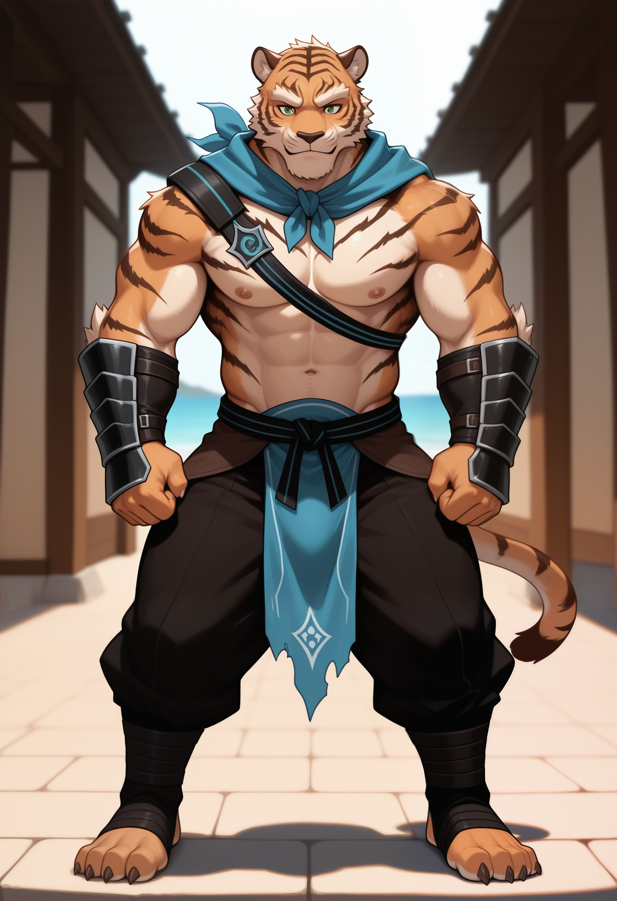 masterpiece,best quality,amazing quality, 1boy, solo,  p4ng, vambraces, orange tail, black pants, tiger boy, black strap, blue scarf, blue loincloth, full body,