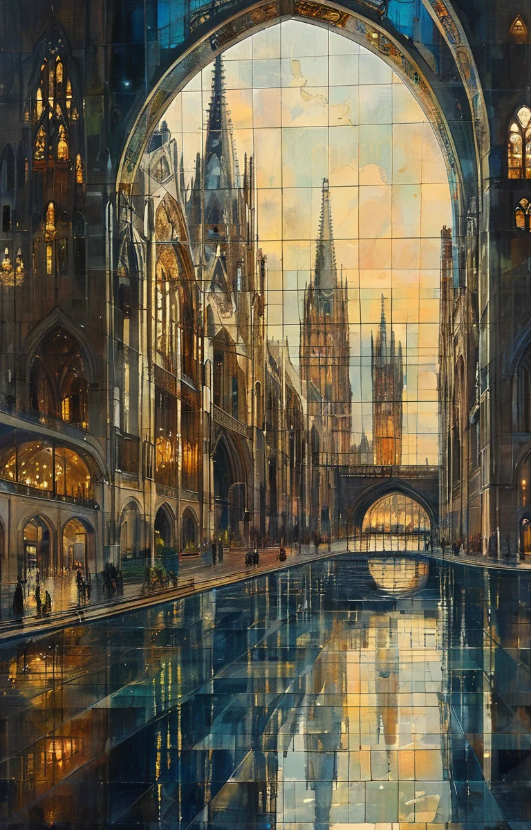 masterpiece,best quality,<lora:tbh304-sdxl:0.9>,illustration,designed by Norman Foster Gothic revival cathedral with intricate spires and stained glass windows, bathed in moonlight